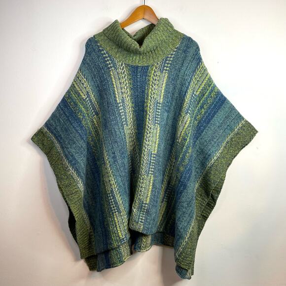J Jill Cotton Wool Fair Isle Nordic Classic Poncho Sweater Blue Green One Size - Picture 1 of 10